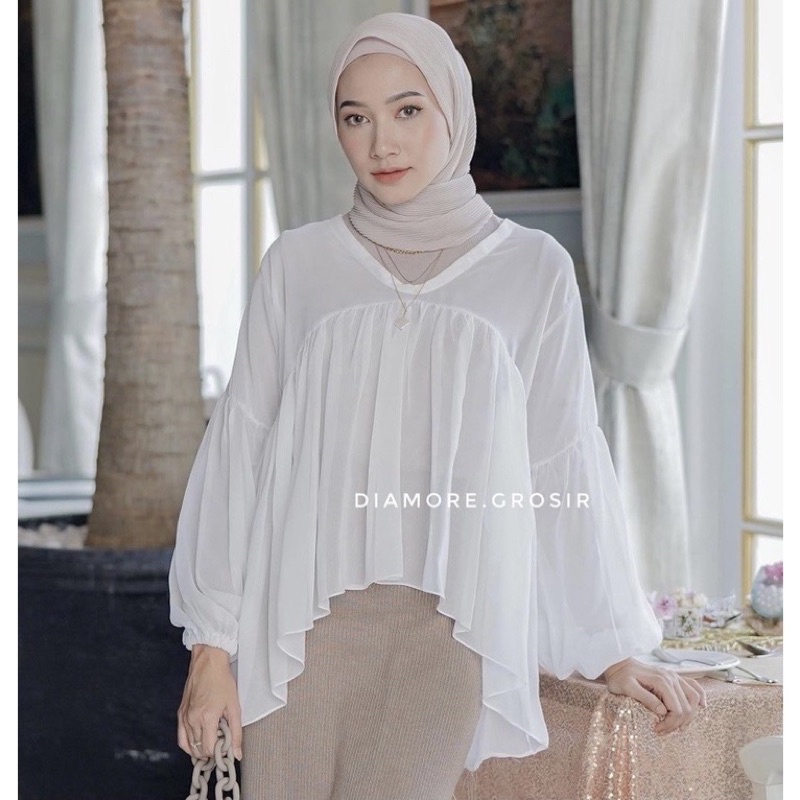 1 KG 6 PCS | RUFI KEMEJA LENGAN BALON /  ATASAN WANITA / JUMBO / KEMEJA WANITA / DEALOVA-DEALOVA PUTIH CERUTI