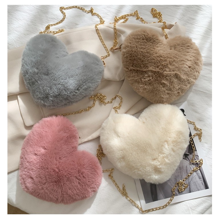 [littlecrab] Tas Selempang Love Bulu Halus Tali Rantai Tas Unik Soft Fur Love Sling Bag Berkualitas Tas Lembut Kecil Korean Style