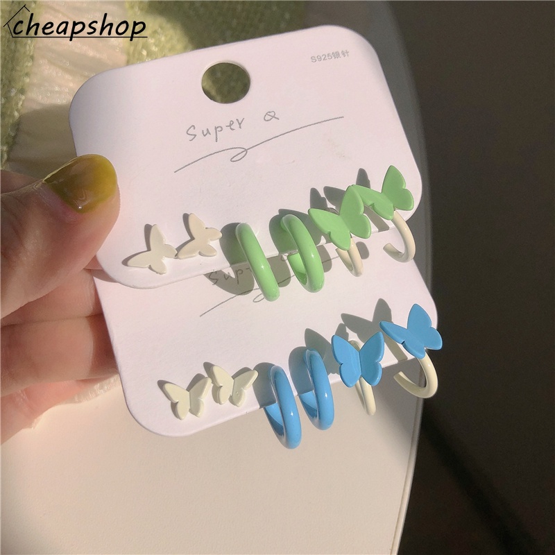 IFYOU 3pcs / set Anting Stud Bentuk Kupu-Kupu Warna-Warni Untuk Wanita