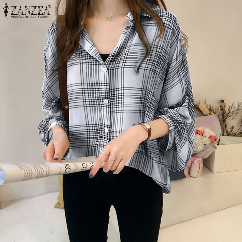 ZANZEA Women Long Sleeve Blouses Casual LooseSummer Autumn Plaid Work Shirt