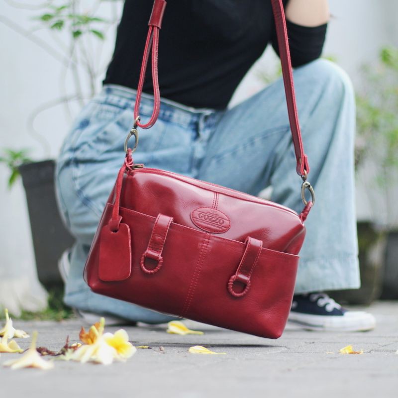 TAS KULIT WANITA SLEMPANG MOEL CITY SLING BAG MAROON / FREE GRAVIR NAMA DI GANTUNGAN TAS