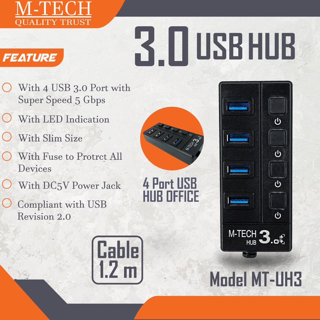 HUB USB 3.0 M-TECH 4 PORT ON/OFF KABEL 1.2M - USB HUB 3.0