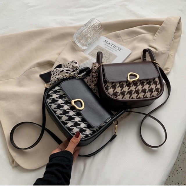 KOREAN CLASSIC HOUNDSTOOTH PLAID SLING BAG / TAS SELEMPANG KULIT KOREA FASHION / TAS SLEMPANG LEATHER / hammock cute bag