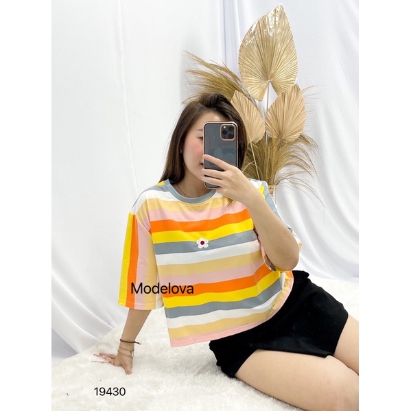 MDLV ~ 19430# Rainflow Tee Korea Crop Top Tee Crop Top Rainbow Daisy Crop Top Cewek Kaos Import Kaos Premium Fashion Premium Fashion Import