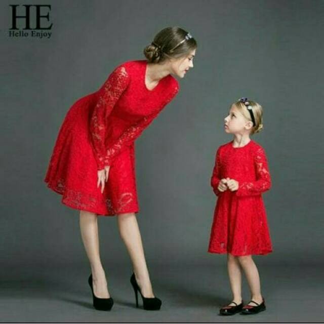 Dress Couplepasangan Mom Kidibu Anak Brukatbrokatlace Redmerah Elegant Partypesta