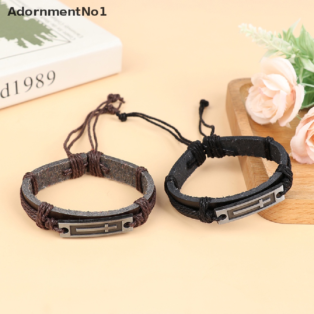 (AdornmentNo1) Gelang Tangan Kulit Motif Salib Yesus Kristen Vintage Untuk Pria / Wanita