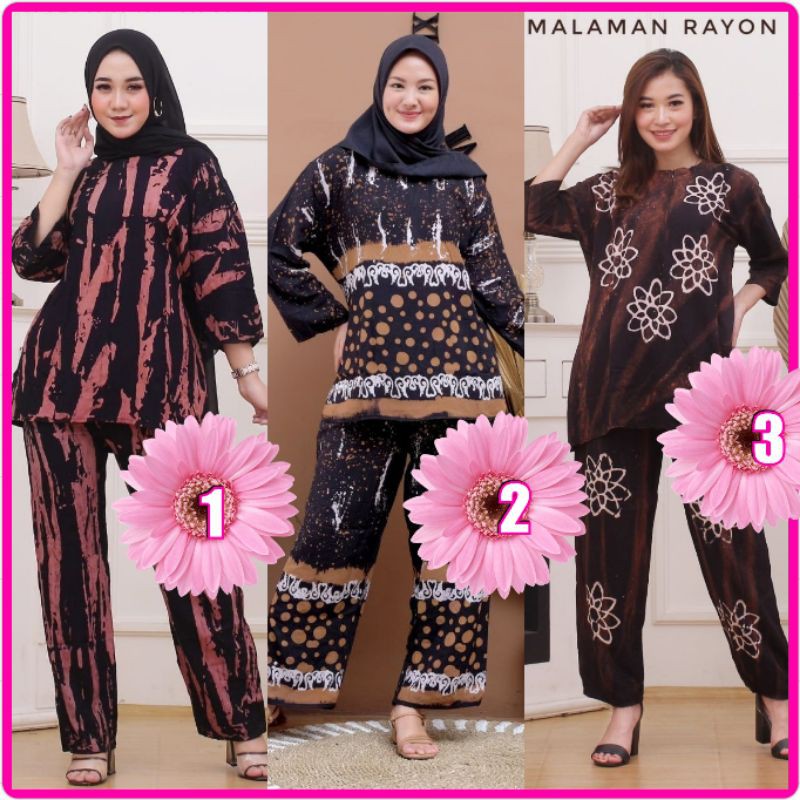 Setelan CP Premium abstrak malam rayon super celana panjang Busui batik cap pilih motif