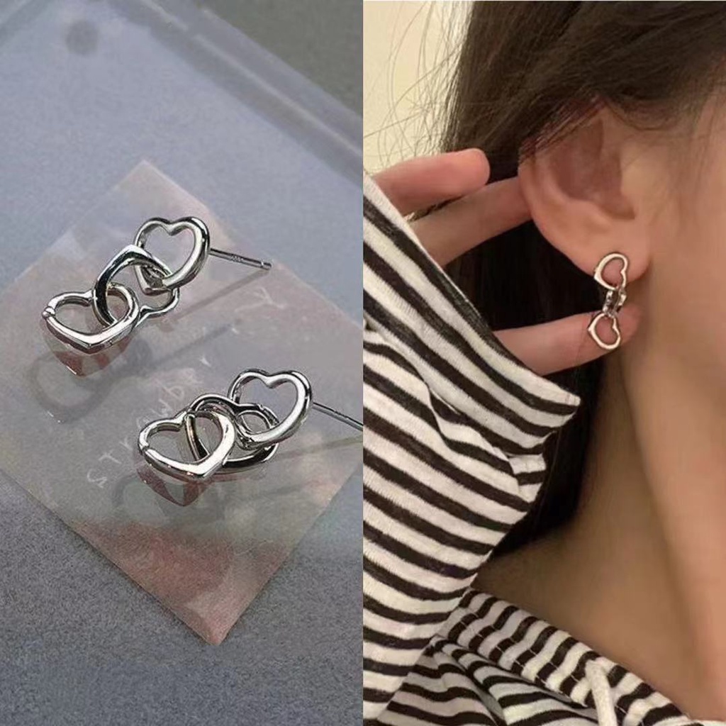 Anting Kait Gantung Desain Hati Warna Silver Gaya Simple Untuk Wanita