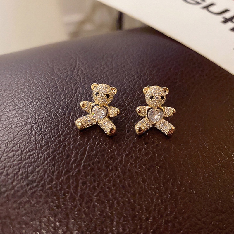 Anting Stud Kristal Bentuk Beruang Kecil Gaya Korea