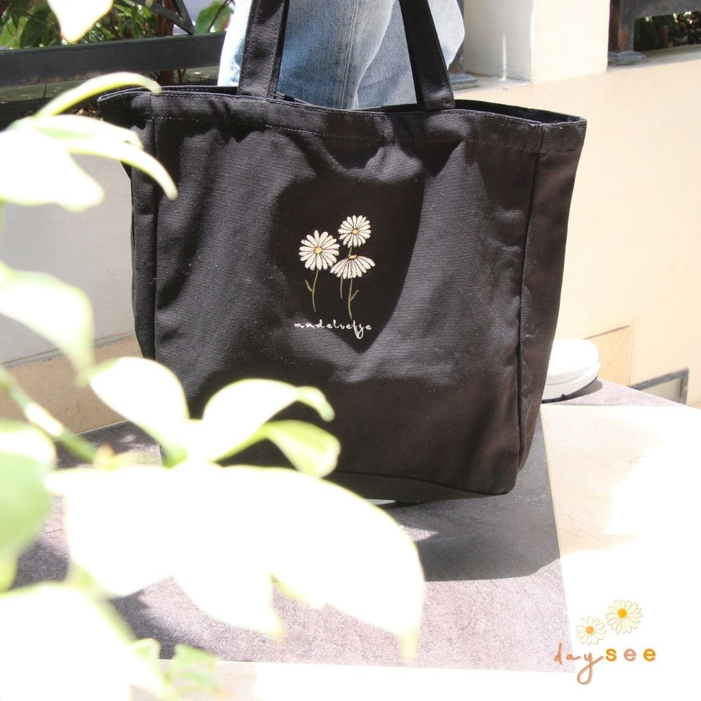 Tote Bag Kanvas Bordir - Madeliefje tote (Black)
