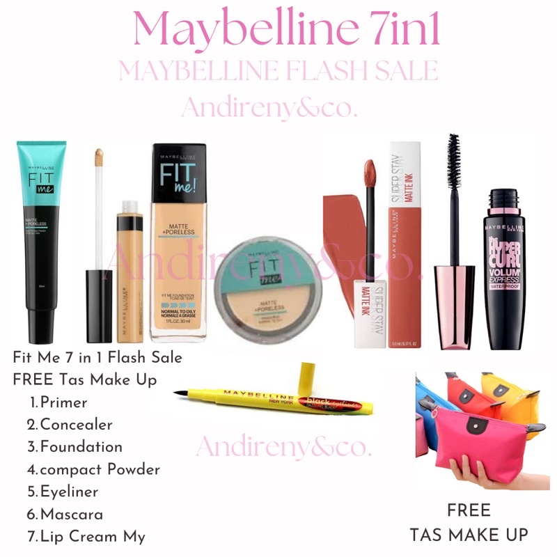 Paket Makeup Maybelline 7 in 1 / Fit me 4 in 1 + Mascara + Eyeliner + Lipcream