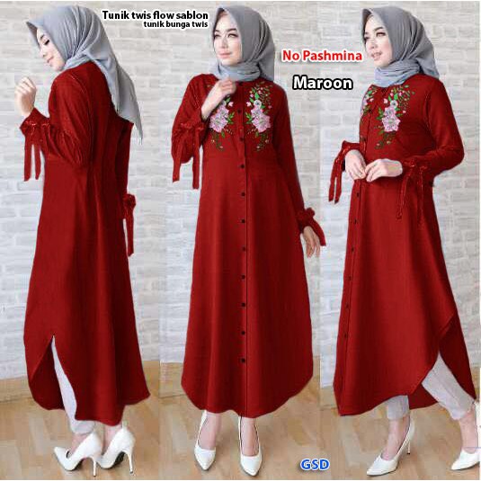 Tunik twis flow-atasan muslim wanita-long tunik motif bunga-fashion hijab looks terbaru-baju muslim