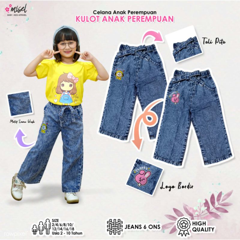 Celana Kulot Jeans anak motif BTS bordir, Bawahan Lepis Panjang anak perempuan BT12