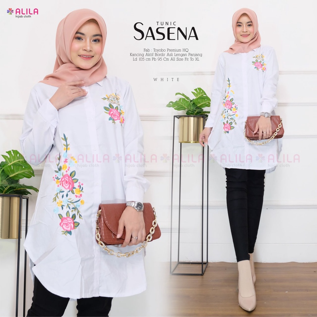 ATASAN TUNIK PUTIH WANITA DEWASA || TUNIK ATASAN WANITA BORDIR BUNGA || SASENA TUNIK PREMIUM BAHAN T