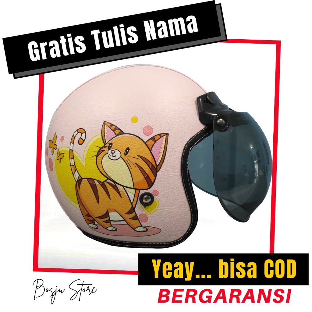 Helm Bogo Motif Kucing Oren | Custom Warna Nama | Helem Retro Klasik Anak Cewek Wanita Remaja Dewasa