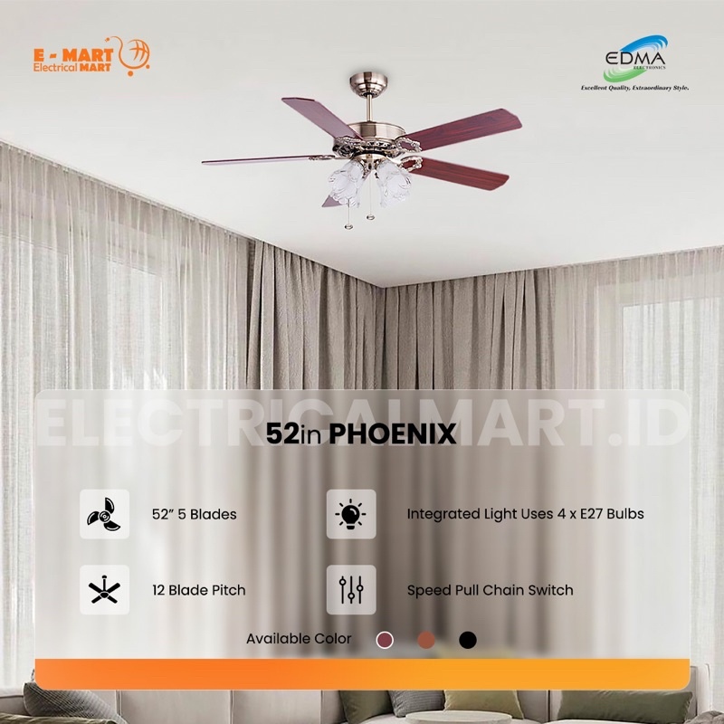 MT EDMA 52inch 52” PHOENIX KIPAS ANGIN LAMPU GANTUNG PLAFON DENGAN BOHLAM E27 dan 3 Speed Pull Chain