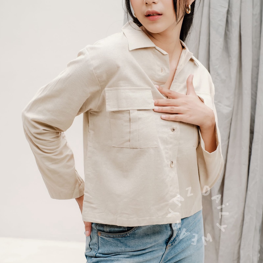 Kemeja Crop Linen Pocket Oversize Kemeja Crop Wanita Polos Atasan Wanita Terbaru