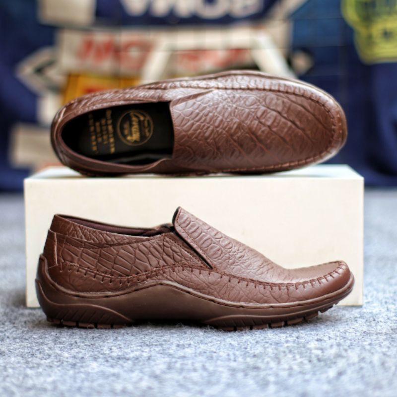 CROCO BROWN Sepatu Pria Casual Kulit Asli Slip On Formal Kerja Kantor Original