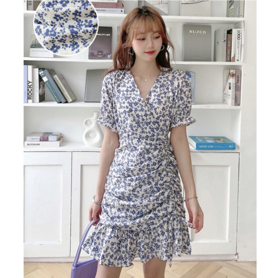 CASUAL KOREAN FASHION STYLE PREMIUM POLYESTER MINI DRESS MOTIF BUNGA