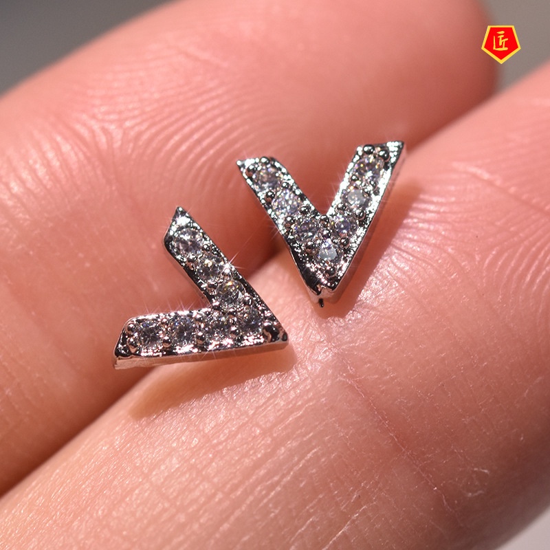 [Ready Stock]Creative Elegant Mini Diamond Letters V-Shaped Stud Earrings