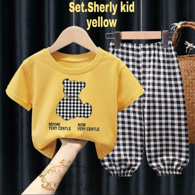 SET CELANA KID ANAK SHERLY KOTAK, BABYTERRY KATUN, SETELAN, 3 UKURAN