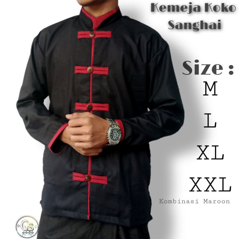 Kemeja Koko Sanghai-Kombinasi Maroon-Katun Toyobo
