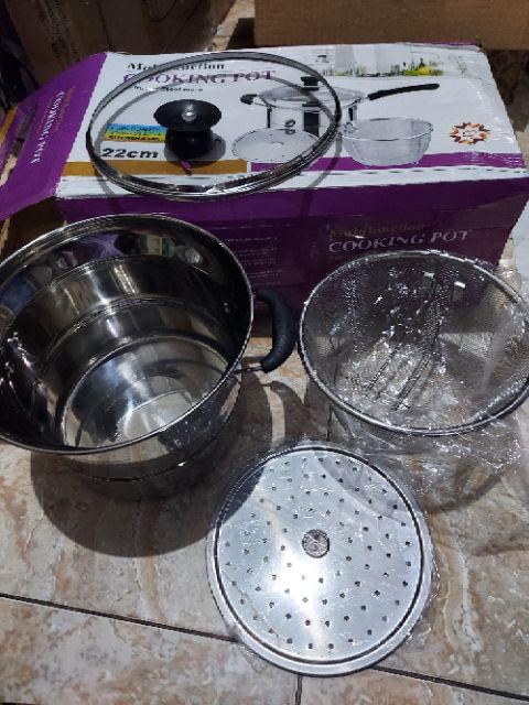 Deep Fryer Pan 3 In 1 Stainless Steel Pot Rebus - Panci Goreng - Wajan Kukus 22 Cm