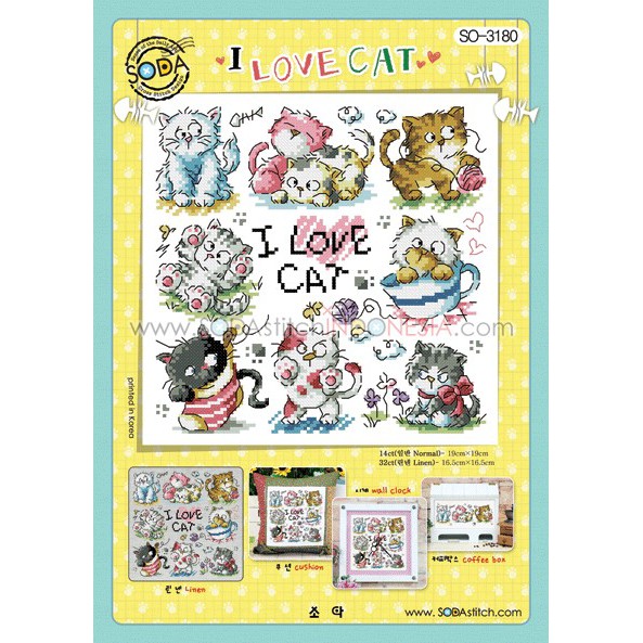 Paket DIY Craft Sulam Kristik Strimin Sodastitch SO-3180 - I Love Cat Kucing Kitten