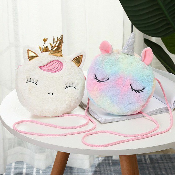 Tas Selempang Unicorn Bulu Sling Bag Anak muat HP kado ultah anak murmer tas jalan anak cantik