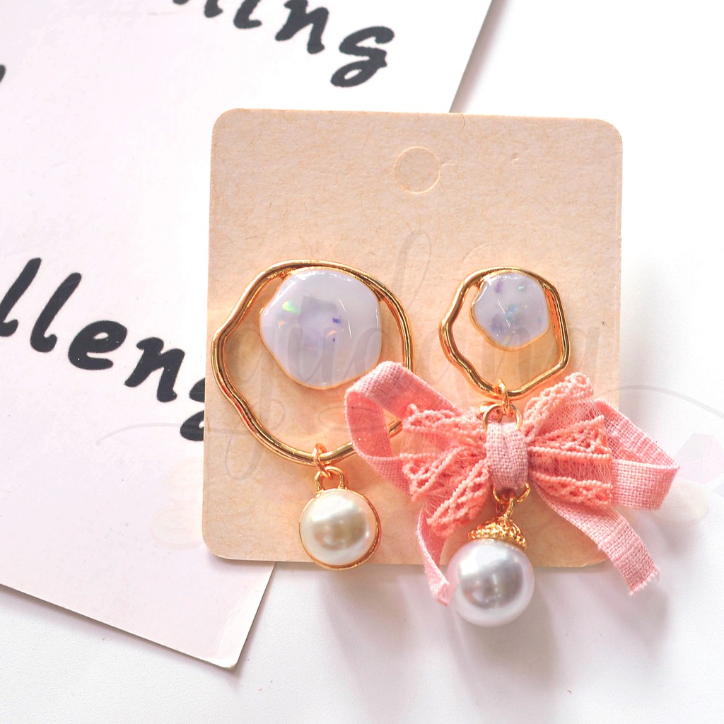 Anting Stud Panjang Ribbon With Pearl and Marble Cantik Simple Asimetris GH 203564