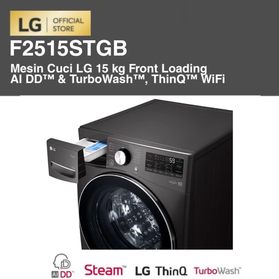 LG F2515STGB Mesin Cuci 15 kg Front Loading AI DD™ &amp; TurboWash™ ThinQ™