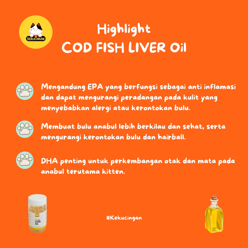 Minyak Ikan COD Fish Liver Oil Vitamin Bulu Rontok Kucing Anjing Kekucingan 150 Kapsul