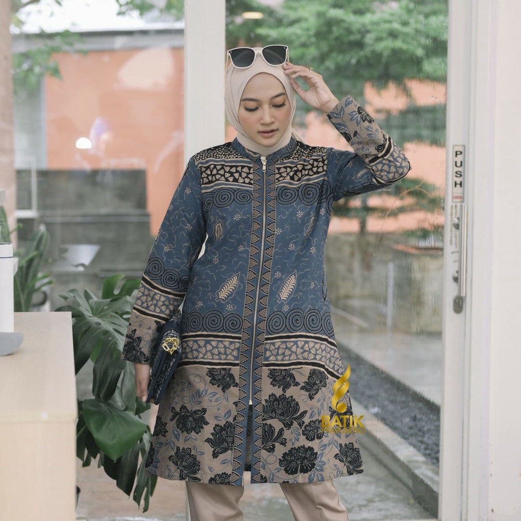 WANDA BIRU Tunik Atasan Baju Batik Wanita Lengan Panjang Original Prabuseno Modern Premium Jumbo Big
