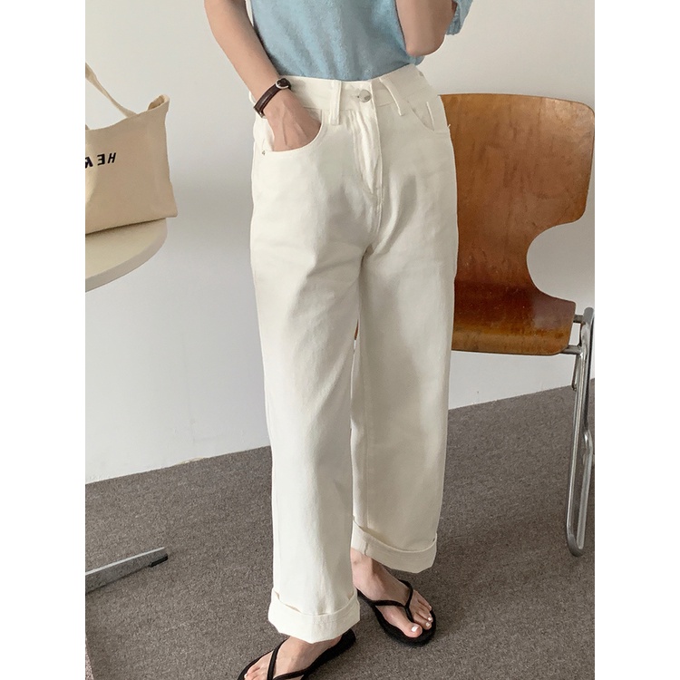 New putih highwaist import korean longgar celana jeans panjang wanita