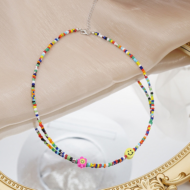 Colorful Smiley Flower Rice Bead Necklace Bohemian Clavicle Chain Necklace