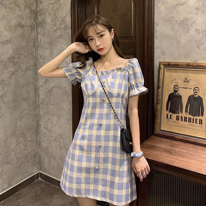 Dress A-Line Square Neck Lengan Puff Pendek Motif Kotak-Kotak Gaya Korea Untuk Wanita / Musim Panas