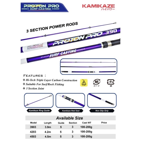 Alat Pancing Joran Pancing KAMIKAZE Proton Pro Surf Casting 3 Section Power Rods Alat Pancing Cast C