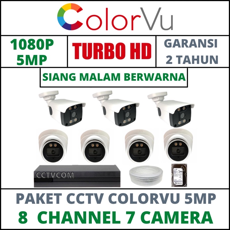 PAKET CCTV COLORVU -SIANG MALAM BERWARNA 8 CHANNEL 7 CAMERA 5MP IC SONY 1080P KOMPLIT TINGGAL PASANG