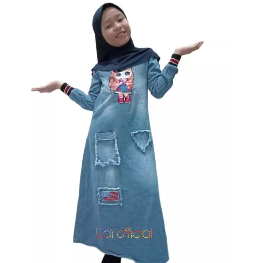 Terlari - Gamis Terbaru -Gamis Jeans Anak LOL 2-10 thn Free Tas + Kerudung