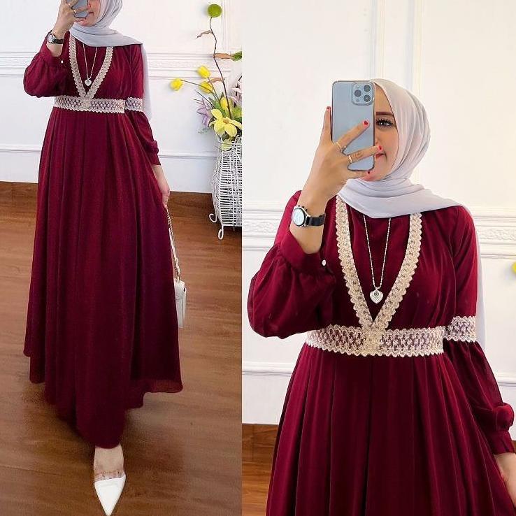 ➷ Alaliya Dress Gamis Qaisha Terbaru Lebaran 2022 Size M,L,XL,XXL Wanita Aplikasi Renda Pakaian Wani