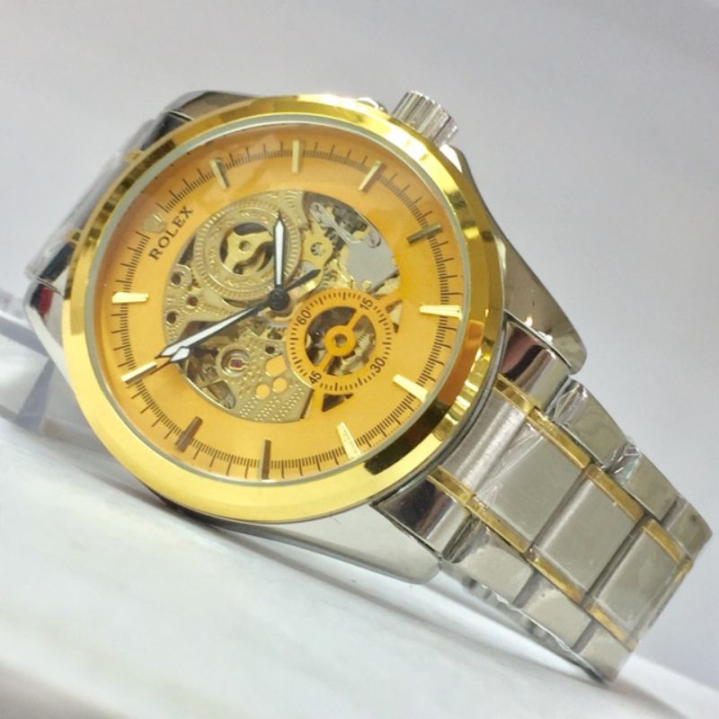 Jam Tangan Pria Otomatis Skeleton Rolex Big Chain Rantai Kombinasi Gold