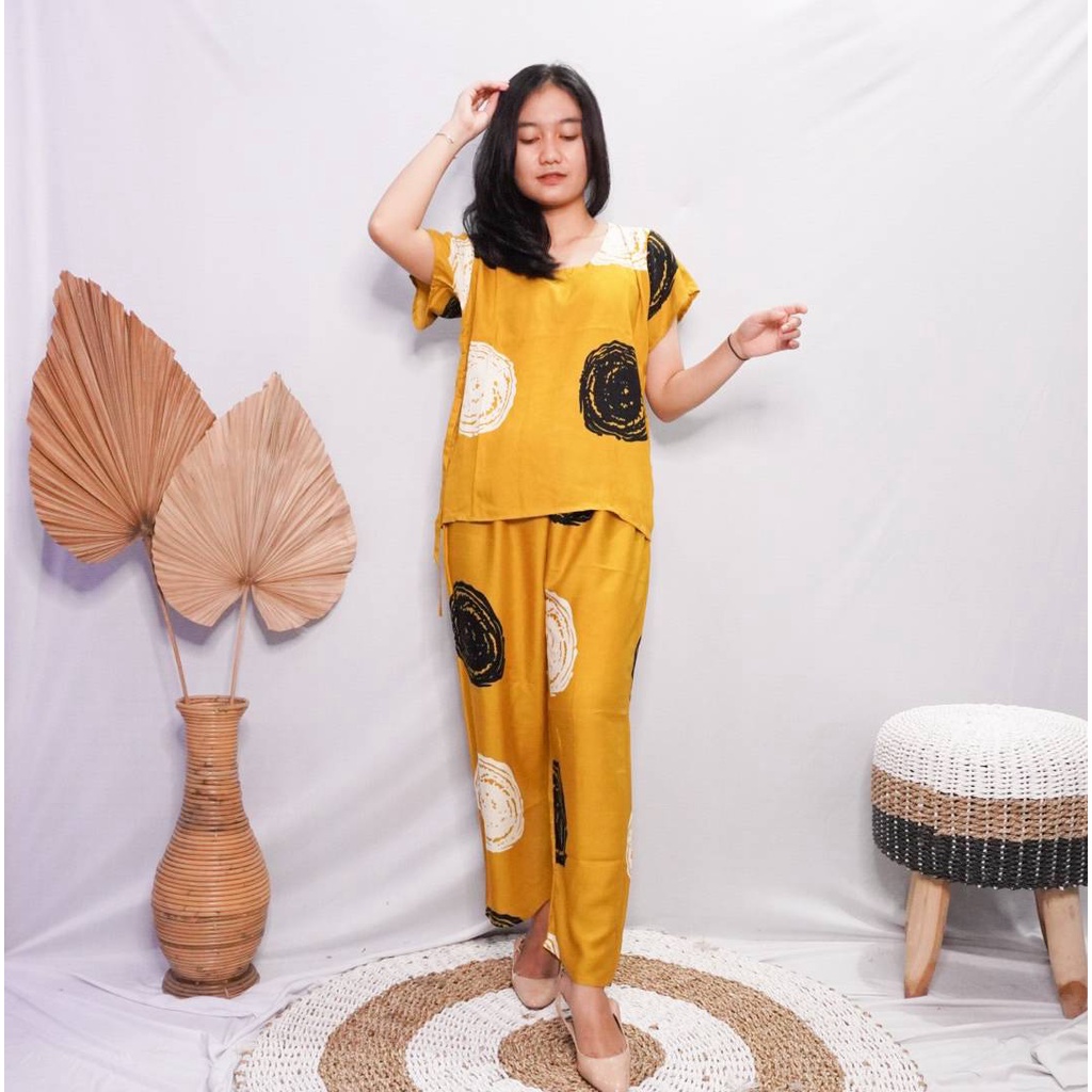 Daster Babydoll Panjang Bali-SET  BAKPO MUSTARD