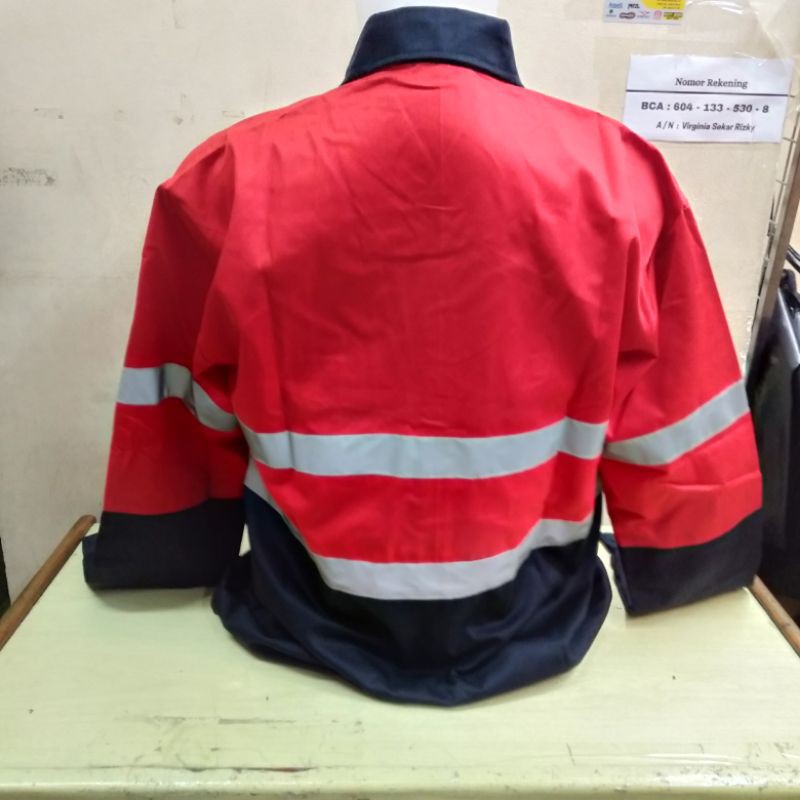 Baju Safety Kombinasi Merah Lengan Panjang K3 Proyek Atasan Tambang Kerja Lapangan