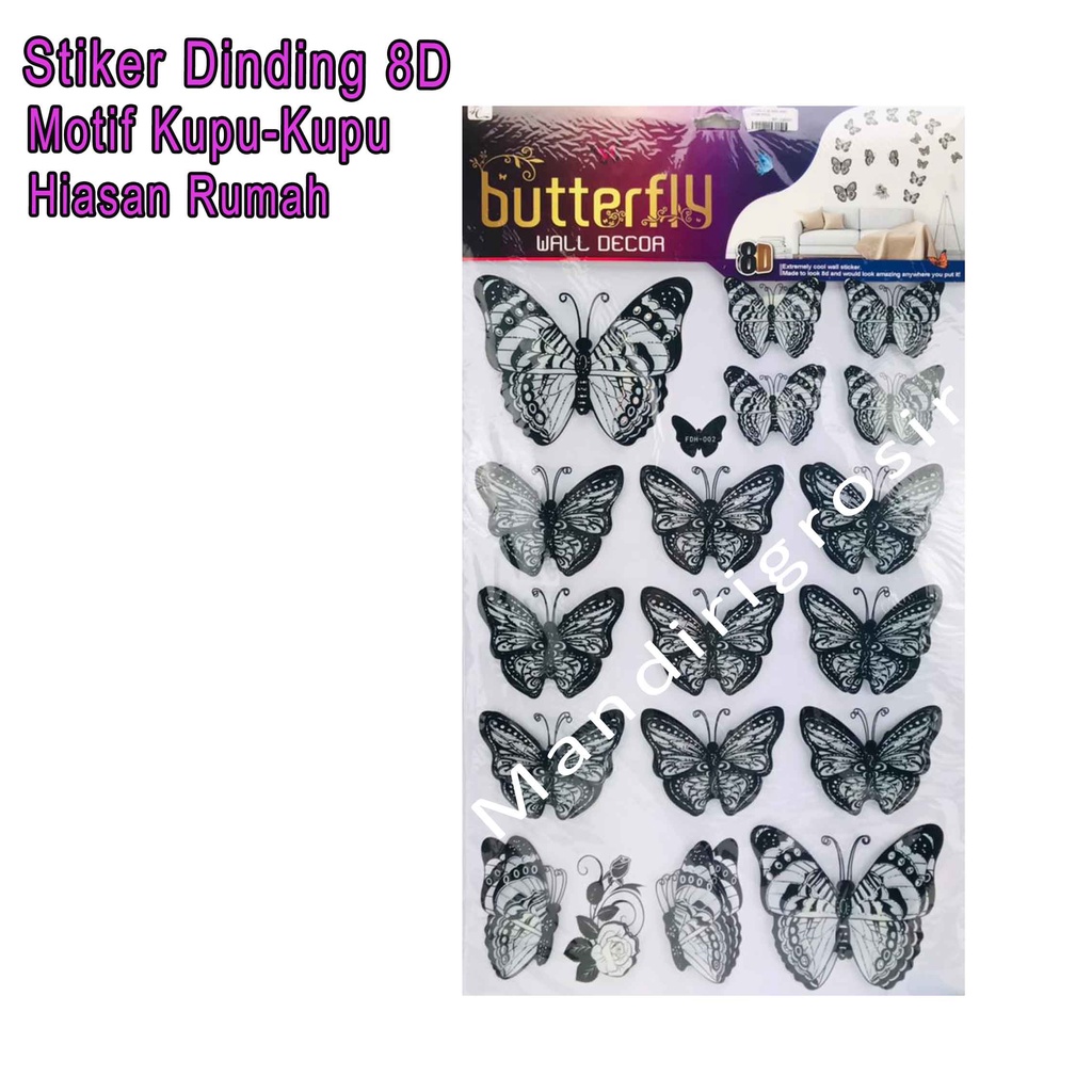 Stiker Dinding 8D *Stiker * Stiker Motif Kupu-Kupu * Hitam Putih