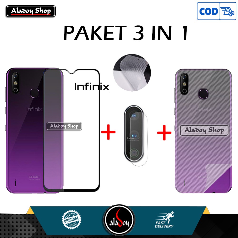 PROMO 3 IN 1 PAKET Tempered Glass INFINIX SMART 4 + Tempered Glass Camera Lens + Skin Carbon