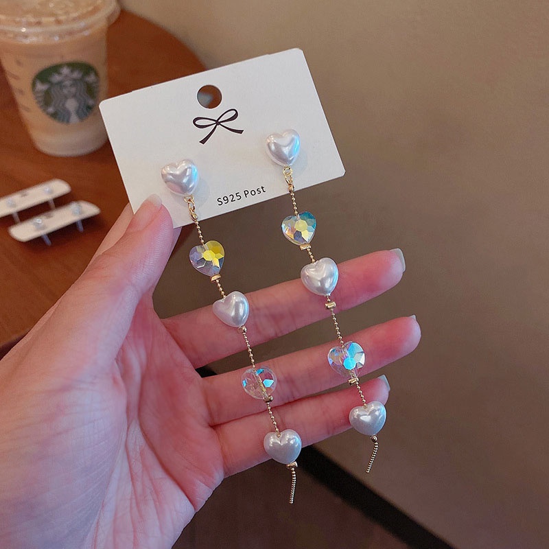 Anting Rumbai Panjang Aksen Mutiara Kristal Bahan 925 silver needle