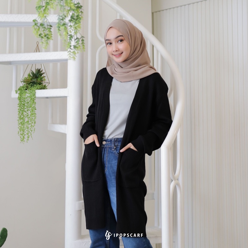 LUMA LONG CARDI | cardigan rajut panjang, soft knit cardigan-BLACK
