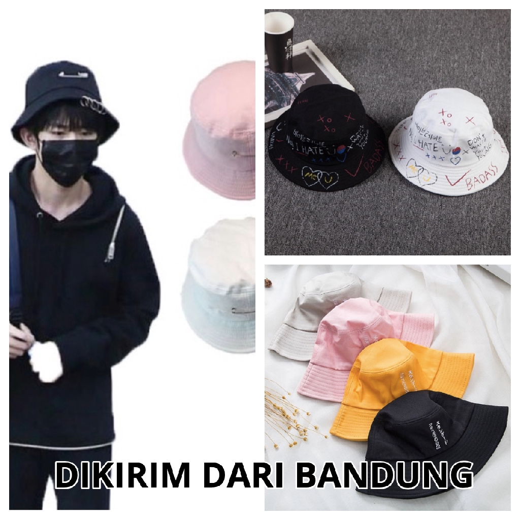 Topi Bucket Pria Wanita Motif Graffiti Aksen Peniti Jepang Korea Couple