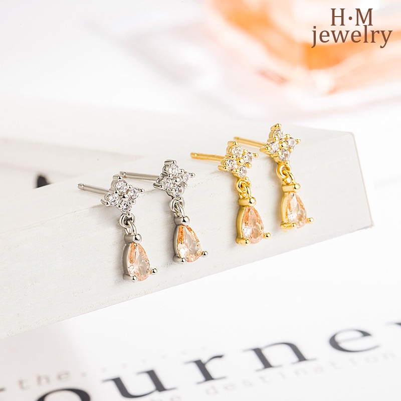 Anting Tusuk Sterling Silver 925 Model Tetesan Air Dengan Berlian Warna Oranye Sampanye Untuk Wanita