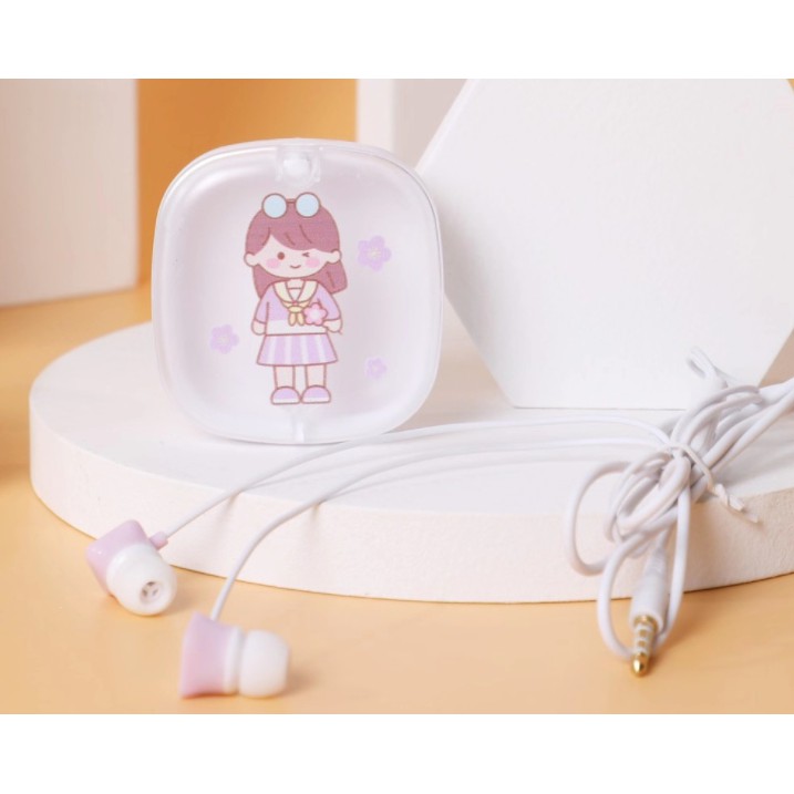 [XY-51] Set Headset Earphone Kartun Anak Perempuan NICE HOLIDAY / Wadah Earphone Kotak Transparan